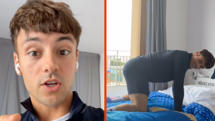 Tom Daley tests out the “anti-sex” beds in Olympic Village: “They’re pretty sturdy!”
